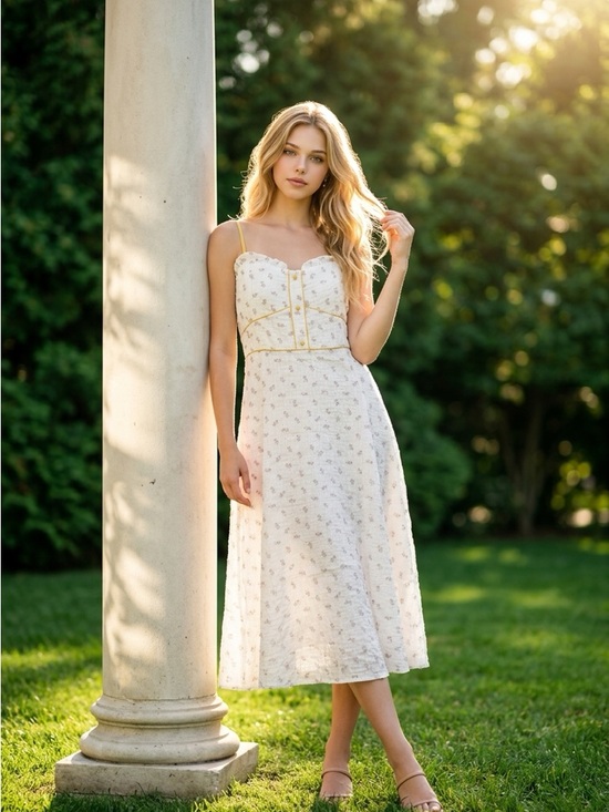 rosie posie Dresses & Skirts - Rosie Posie Women's Cream Floral tea length midi Dress with Spaghetti Straps